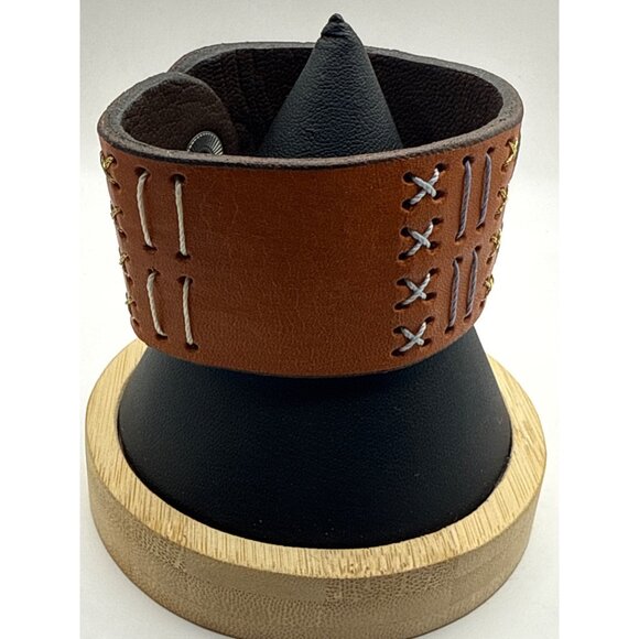 Handcrafted Adjustable Brown Leather Cuff Bracelet Decorative Stitching - Picture 5 of 7